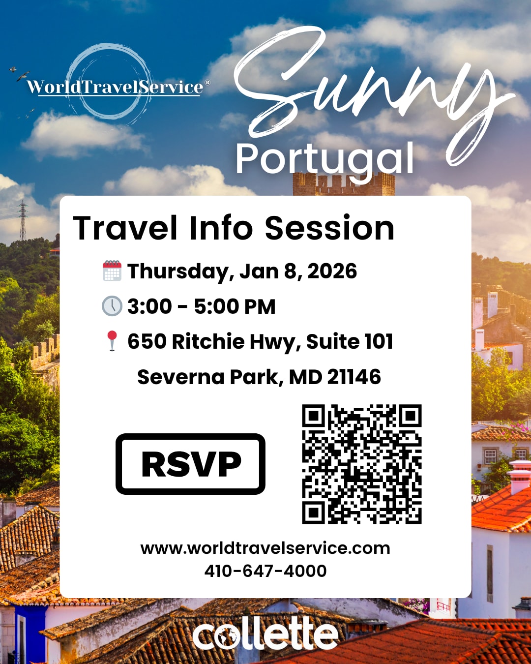 Join us at WorldTravelService for a fun, no-pressure travel info session all about Sunny Portugal! Discover can’t-miss sights, local flavors, and the best times to go—plus learn about expertly guided Portugal itineraries with Collette Tours. We’ll share tips, answer questions, and help you start planning your next adventure. RSVP to reserve your spot: https://worldtravelservice.com/vacation-travel/tours/collette-tours/