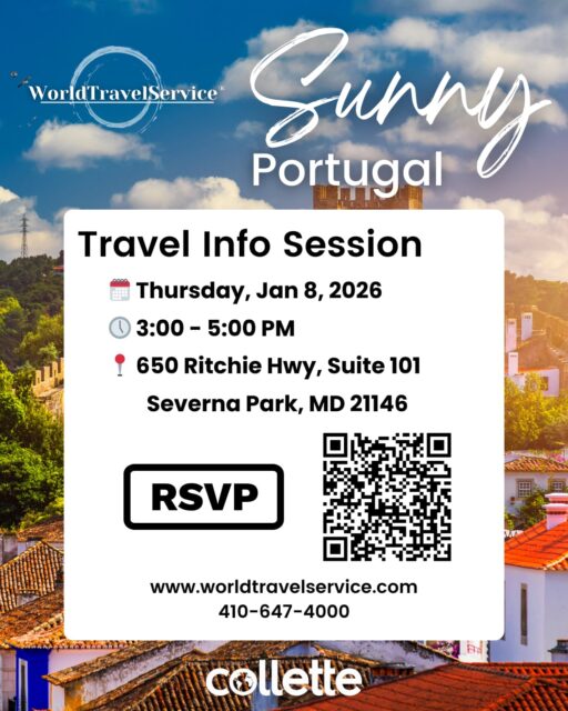 Join us at WorldTravelService for a fun, no-pressure travel info session all about Sunny Portugal! Discover can’t-miss sights, local flavors, and the best times to go—plus learn about expertly guided Portugal itineraries with Collette Tours. We’ll share tips, answer questions, and help you start planning your next adventure. RSVP to reserve your spot: https://worldtravelservice.com/vacation-travel/tours/collette-tours/