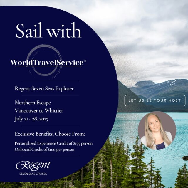 🌊 Sail with WorldTravelService!
Join us for a special hosted sailing aboard Regent Seven Seas Cruises:
🚢 Northern Escape
📍 Vancouver to Whittier
🗓️ 8 Days
Experience Alaska in all-inclusive Regent luxury, with added benefits that come with traveling with a WorldTravelService host.
✨ Come sail with us!
https://www.virtuoso.com/advisor/stepaust16395/cruises/sailings/18131828/0
#WorldTravelService #RegentSevenSeas #AlaskaCruise #HostedSailing