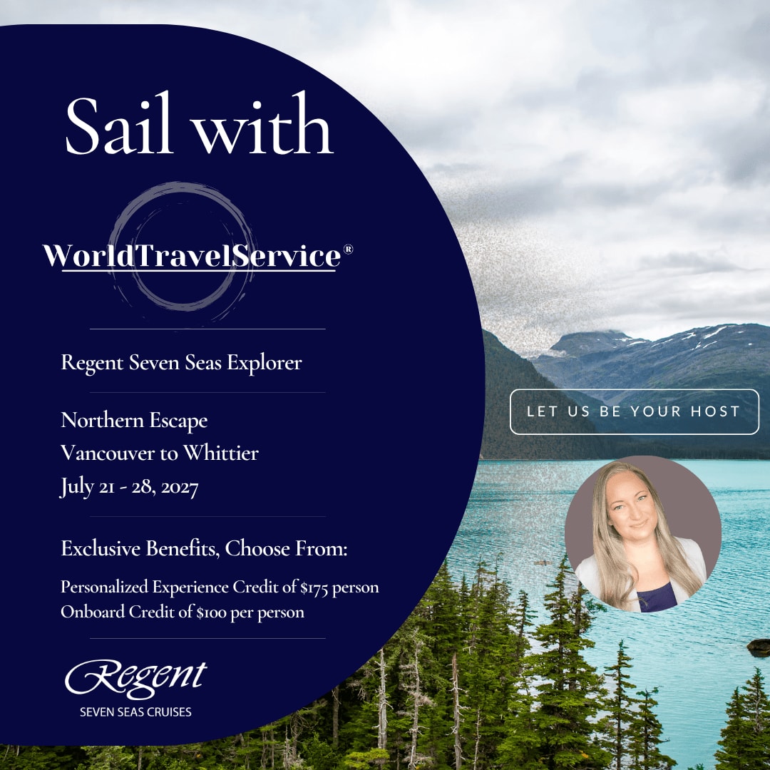 🌊 Sail with WorldTravelService!
Join us for a special hosted sailing aboard Regent Seven Seas Cruises:
🚢 Northern Escape
📍 Vancouver to Whittier
🗓️ 8 Days
Experience Alaska in all-inclusive Regent luxury, with added benefits that come with traveling with a WorldTravelService host.
✨ Come sail with us!
https://www.virtuoso.com/advisor/stepaust16395/cruises/sailings/18131828/0
#WorldTravelService #RegentSevenSeas #AlaskaCruise #HostedSailing