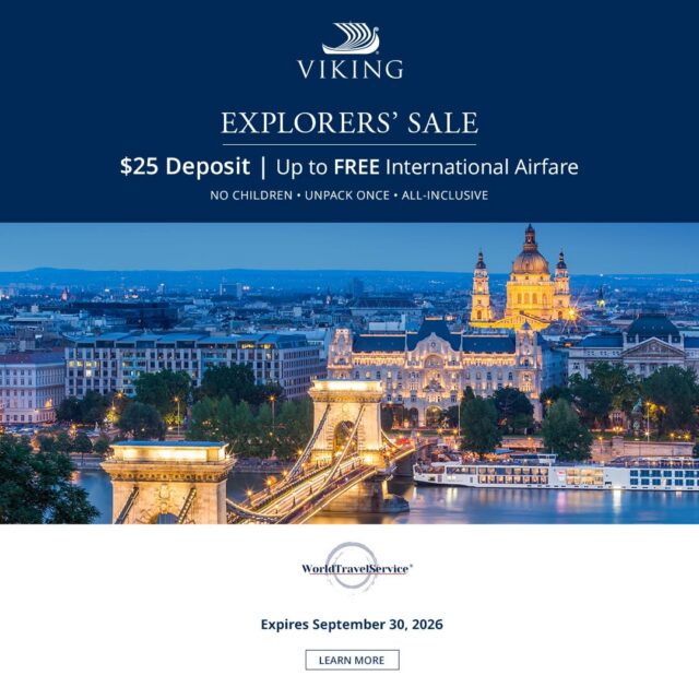 ALL INCLUSIVE VOYAGES FROM $2,499
UP TO 35% OFF
FREE INTERNATIONAL AIRFARE* | $25 DEPOSIT
Expires September 30, 2026
https://www.vikingrivercruises.com/?agentUrlId2=wtsworldtravelservice