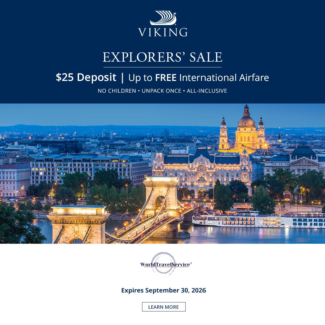 ALL INCLUSIVE VOYAGES FROM $2,499
UP TO 35% OFF
FREE INTERNATIONAL AIRFARE* | $25 DEPOSIT
Expires September 30, 2026
https://www.vikingrivercruises.com/?agentUrlId2=wtsworldtravelservice
