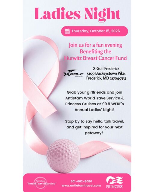 Join Antietam WorldTravelService & Princess Cruises at WFRE's Annual Ladies' Night! 🚢✨
📅 Thursday, October 15 | 6–9 PM
📍 X-Golf Frederick
💗 Benefiting the Hurwitz Breast Cancer Fund
Grab your girlfriends, wear your pink, and stop by to say hello! Enjoy music, prizes, and a fun night supporting a great cause! 🥂💕
#LadiesNight #WFRE #PrincessCruises #WorldTravelService #FrederickMD