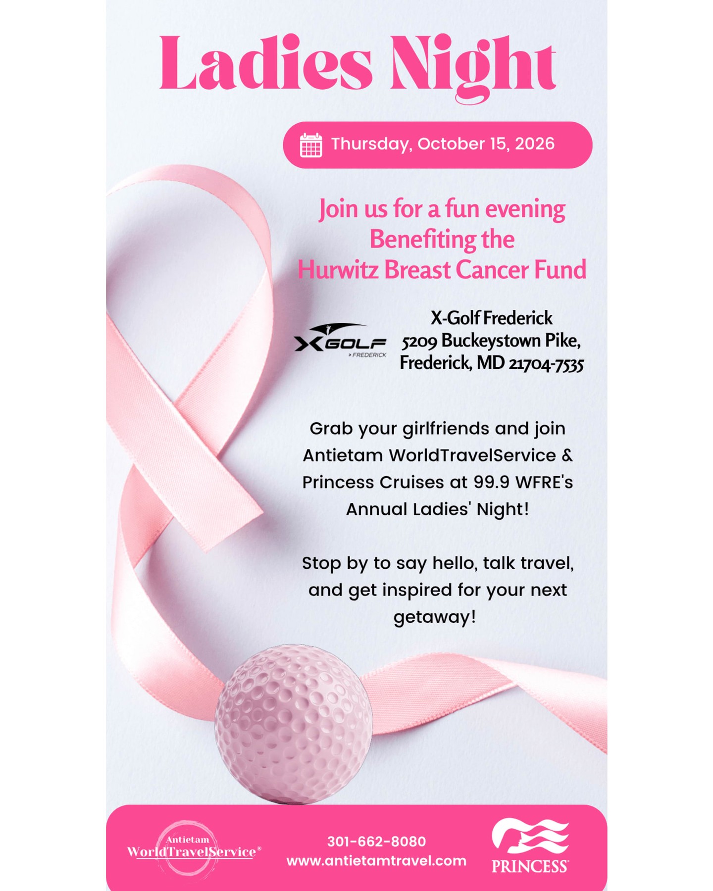 Join Antietam WorldTravelService & Princess Cruises at WFRE's Annual Ladies' Night! 🚢✨
📅 Thursday, October 15 | 6–9 PM
📍 X-Golf Frederick
💗 Benefiting the Hurwitz Breast Cancer Fund
Grab your girlfriends, wear your pink, and stop by to say hello! Enjoy music, prizes, and a fun night supporting a great cause! 🥂💕
#LadiesNight #WFRE #PrincessCruises #WorldTravelService #FrederickMD