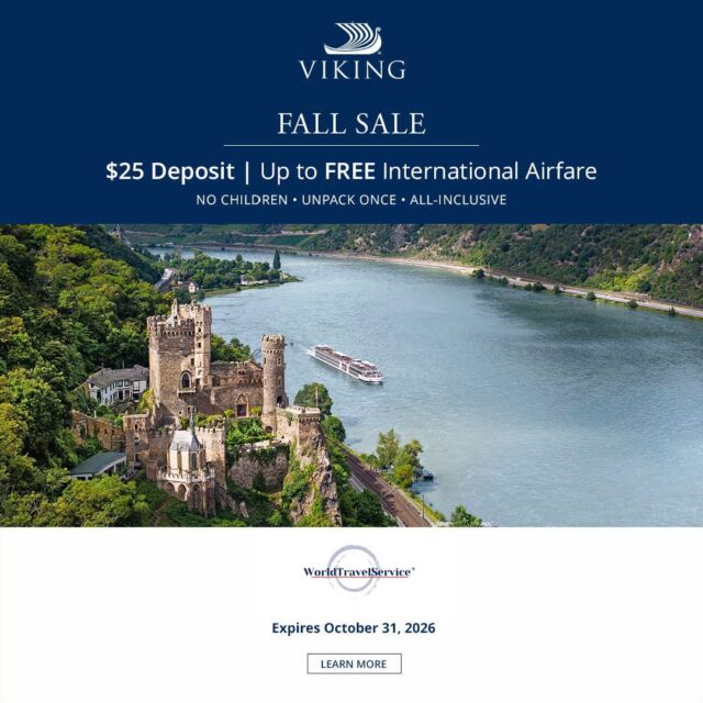 🍁 FALL INTO SAVINGS WITH VIKING! 🚢
Explore the world's most beautiful rivers with Viking's incredible Fall Sale!
✨ Save up to $5,000 per Couple
✈️ FREE Airfare*
💰 Just $25 Deposit!
From Europe's charming villages to breathtaking riverside landscapes, your next unforgettable journey awaits!
📞 Contact WorldTravelService today to start planning!
*Terms and conditions apply.
#VikingRiverCruises #VikingFallSale #RiverCruising #TravelSavings #WorldTravelService